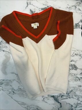 Anthropologie Cream, Brown & Orange V-Neck Colorblock Sweater